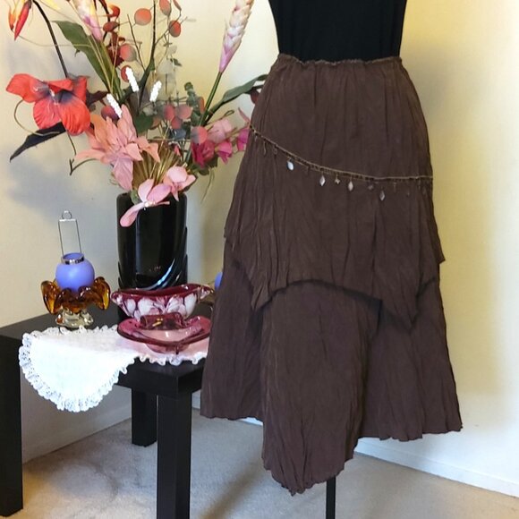 NWT Women Brown 2-Layers of Tiered Lined Elastic High Waist Asymmetrical Skirt - Picture 2 of 14